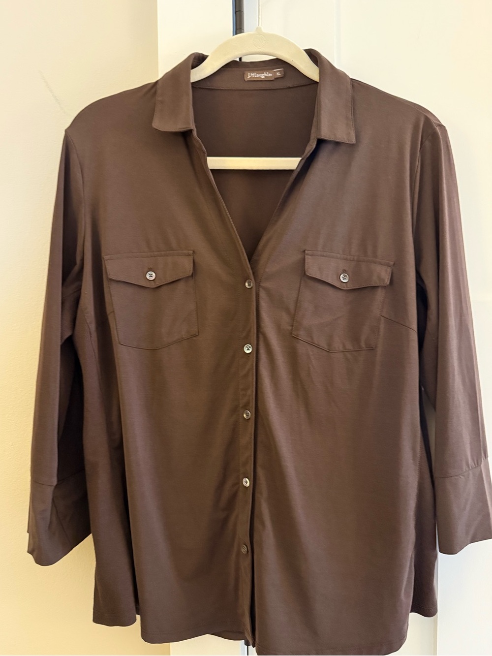 J. McLaughlin Brynn Lyford Jersey Button-Down 3/4 Sleeve Shirt Brown XL NEW